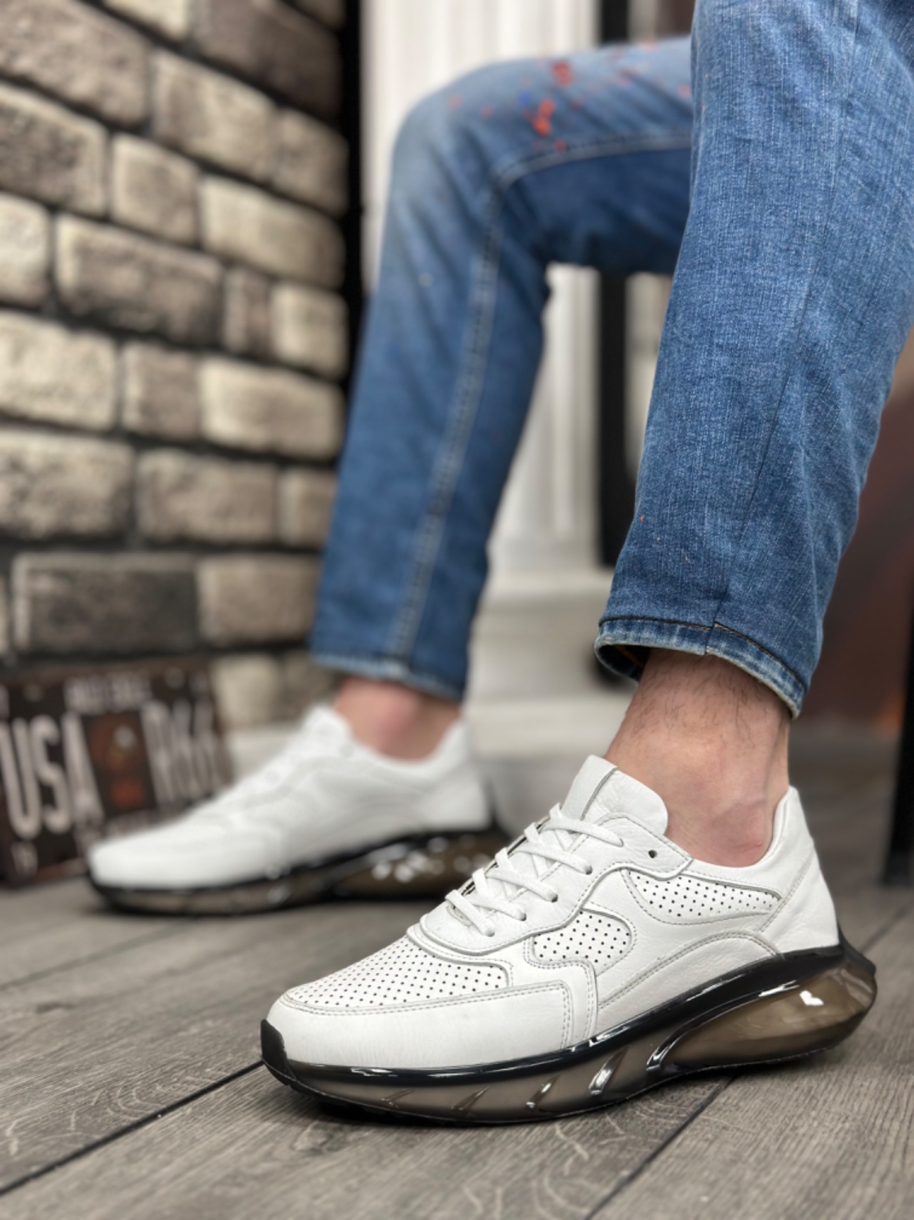 BA0324 İçi Dışı Hakiki Deri Rahat Taban Beyaz Sneakers Casual Erkek Ayakkabı