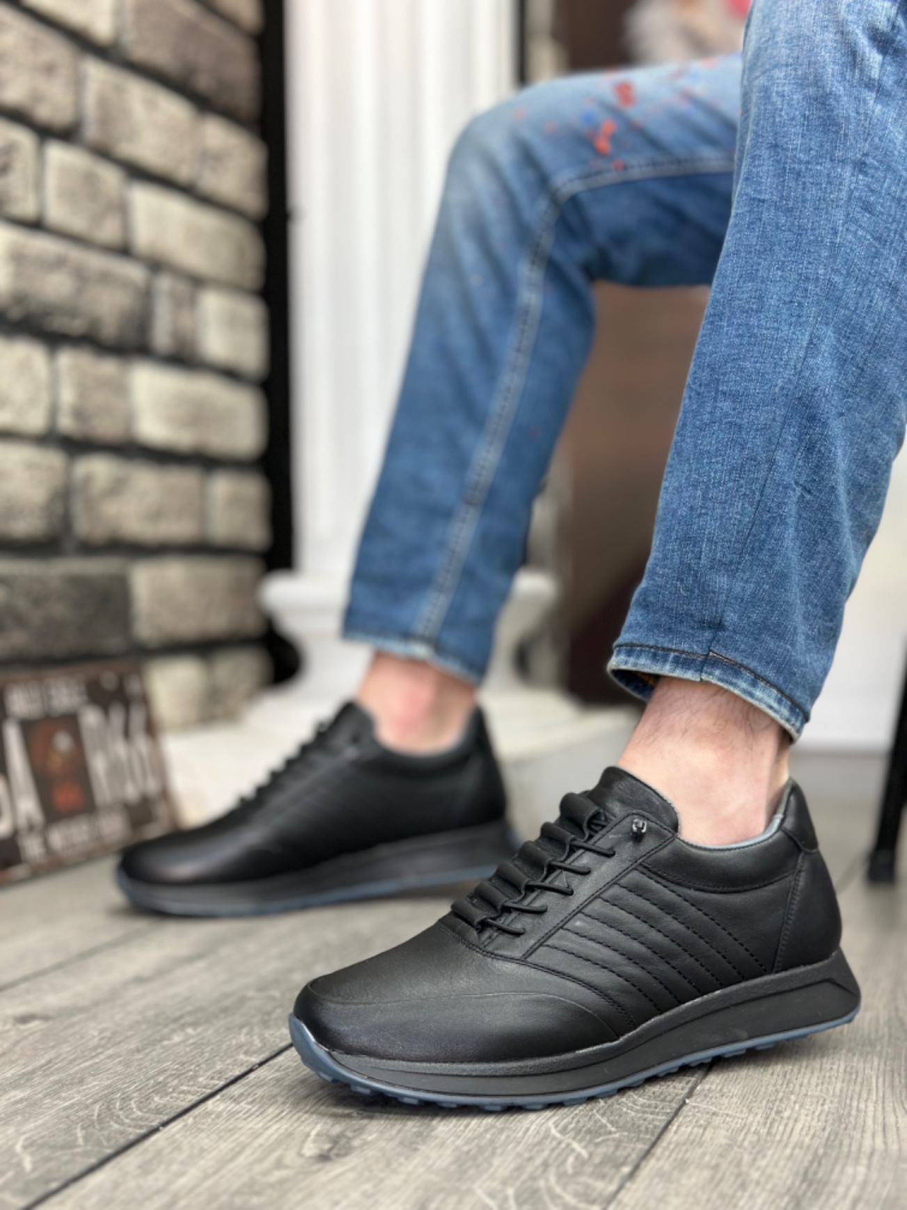 BA0325 İçi Dışı Hakiki Deri Gizli Bağcık Rahat Taban Siyah Sneakers Casual Erkek Ayakkabı