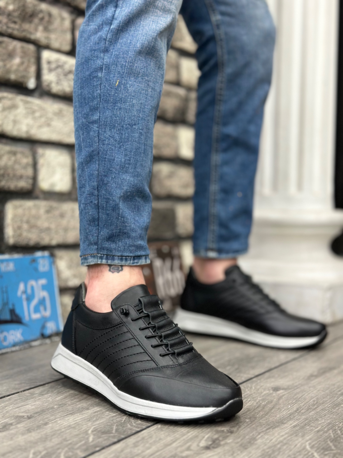 BA0325 İçi Dışı Hakiki Deri Gizli Bağcık Rahat Taban Siyah Sneakers Casual Erkek Ayakkabı