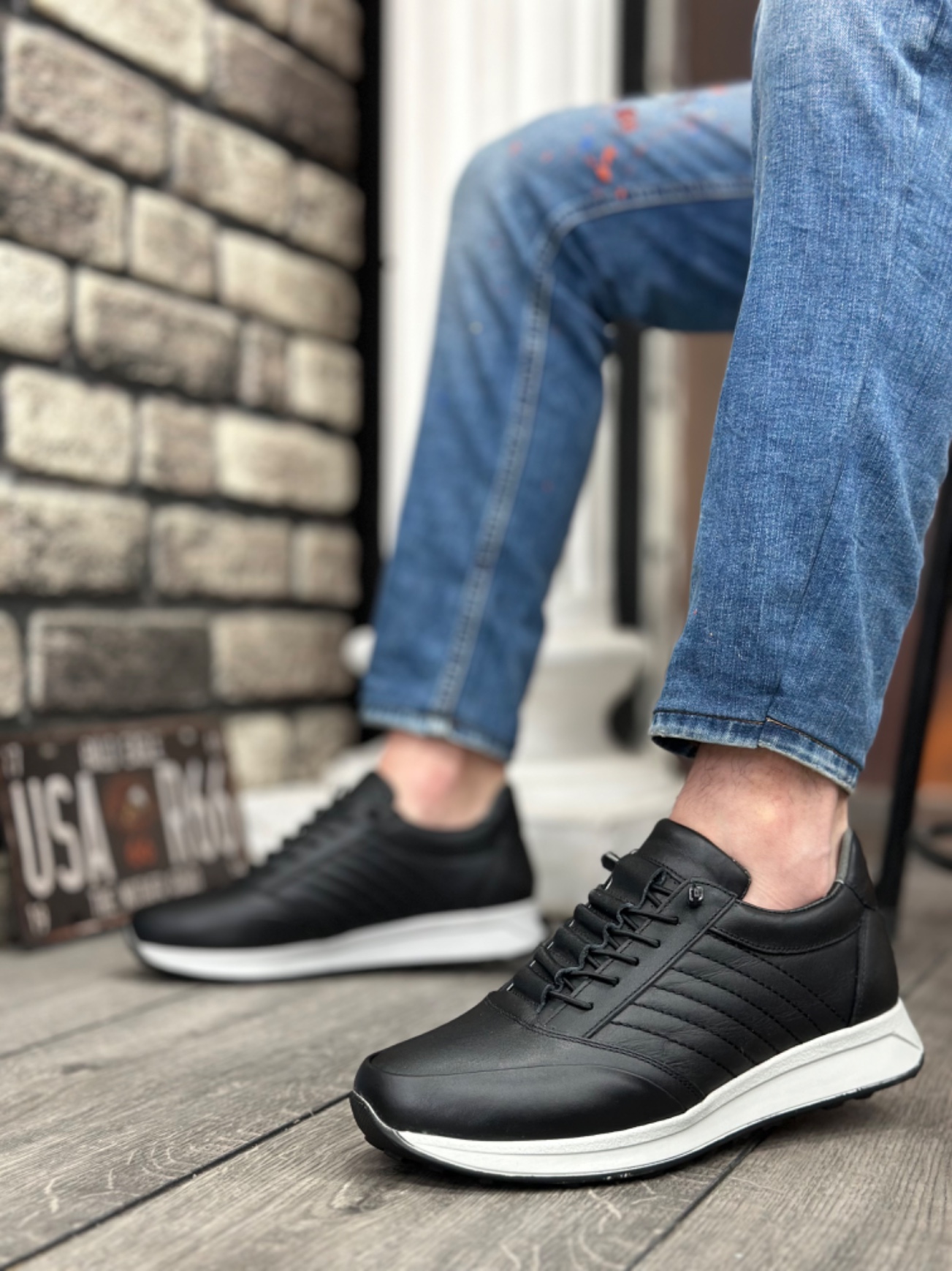 BA0325 İçi Dışı Hakiki Deri Gizli Bağcık Rahat Taban Siyah Sneakers Casual Erkek Ayakkabı